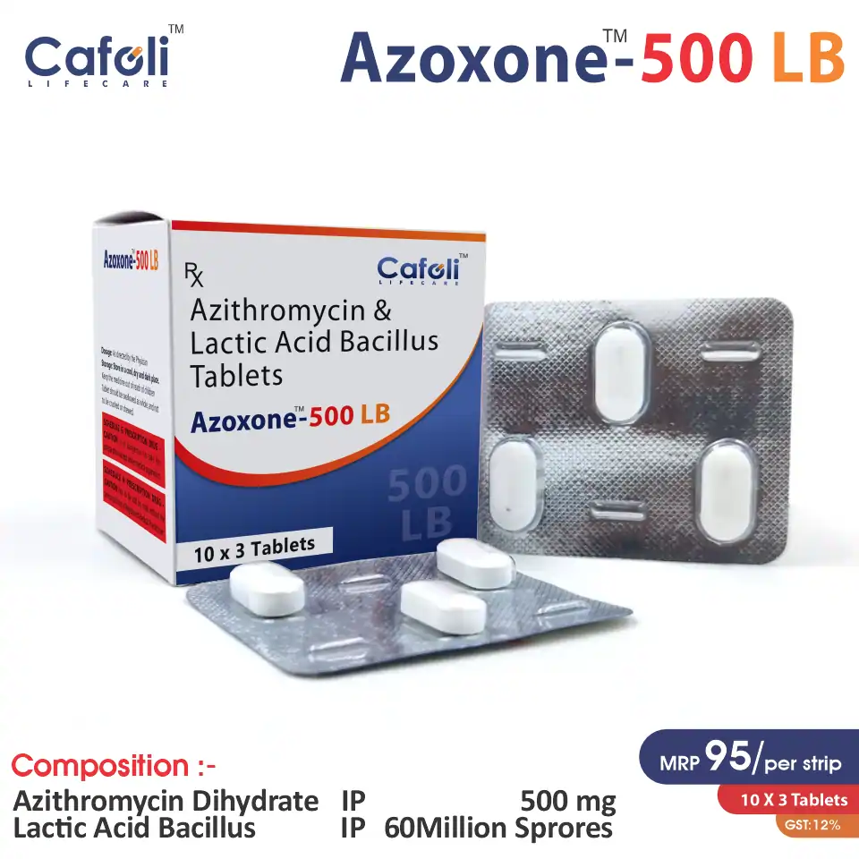 Azithromycin 500mg + Lactic acid bacillus 60 Million spores Tablet at Best Price in PCD Pharmacia Franchise for Antibiotic and Bacterial Infections, Respiratory Infections
